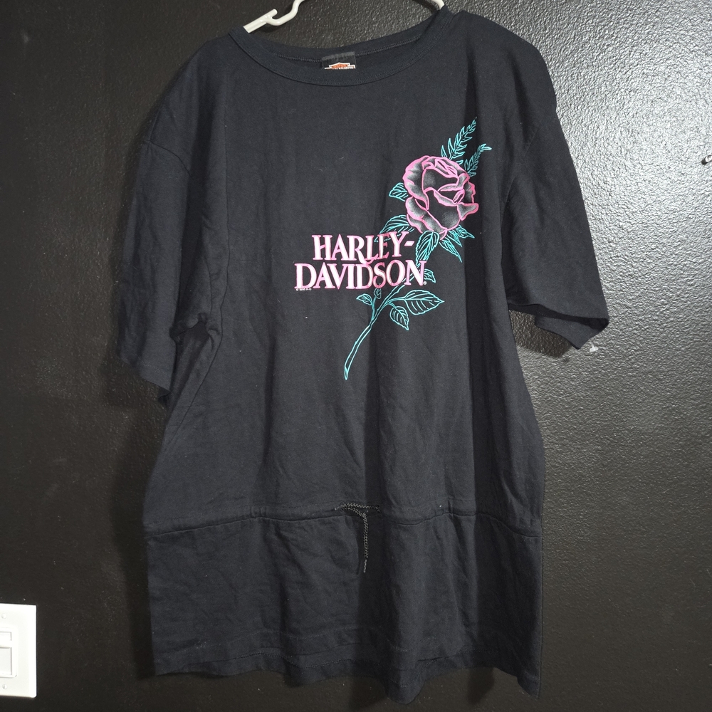 Vintage 90s Custom Harley-Davidson Black T-Shirt Pink Rose Cinch Shirt Dress